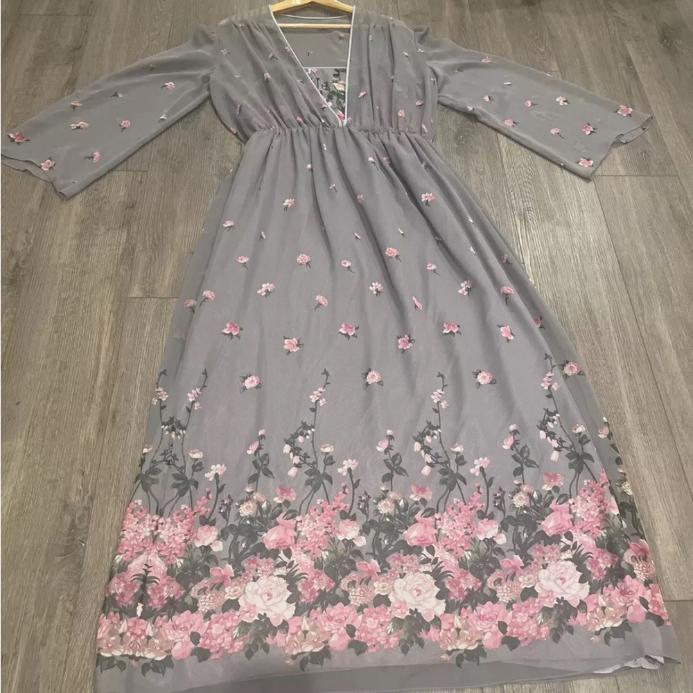 Hanae Mori Vintage Chiffon Gown Dress Floral seventies Made in USA Size 16 Japan